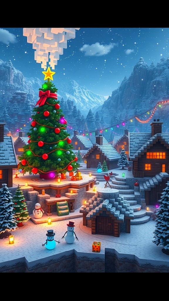 Creative Christmas Decor Ideas for Minecraft A festive Minecraft winter scene with a decorated Christmas tree, snowmen, and cozy cabins.